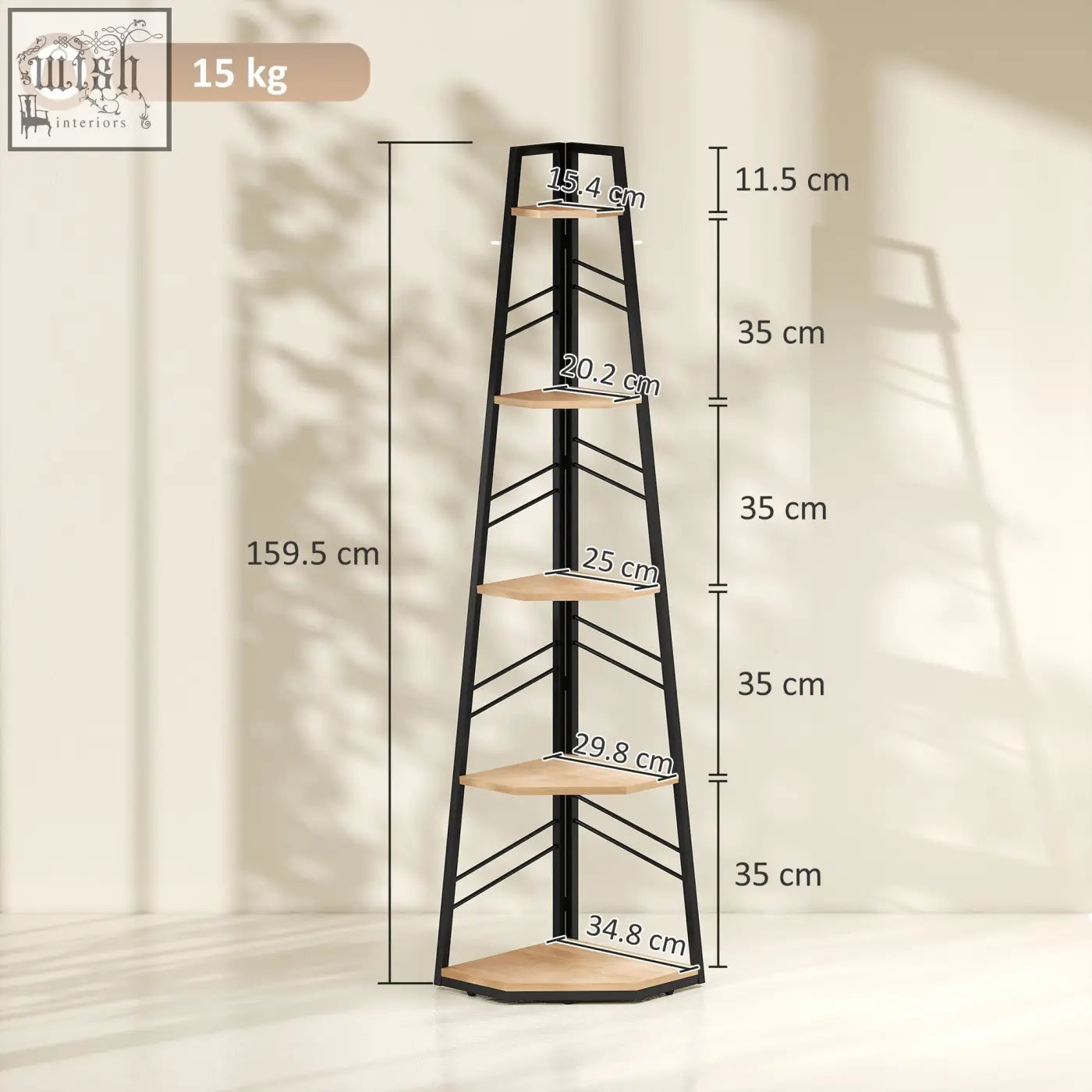 Black metal and natural wood corner bookcase with five angled shelves in natural wood finish for living room or study