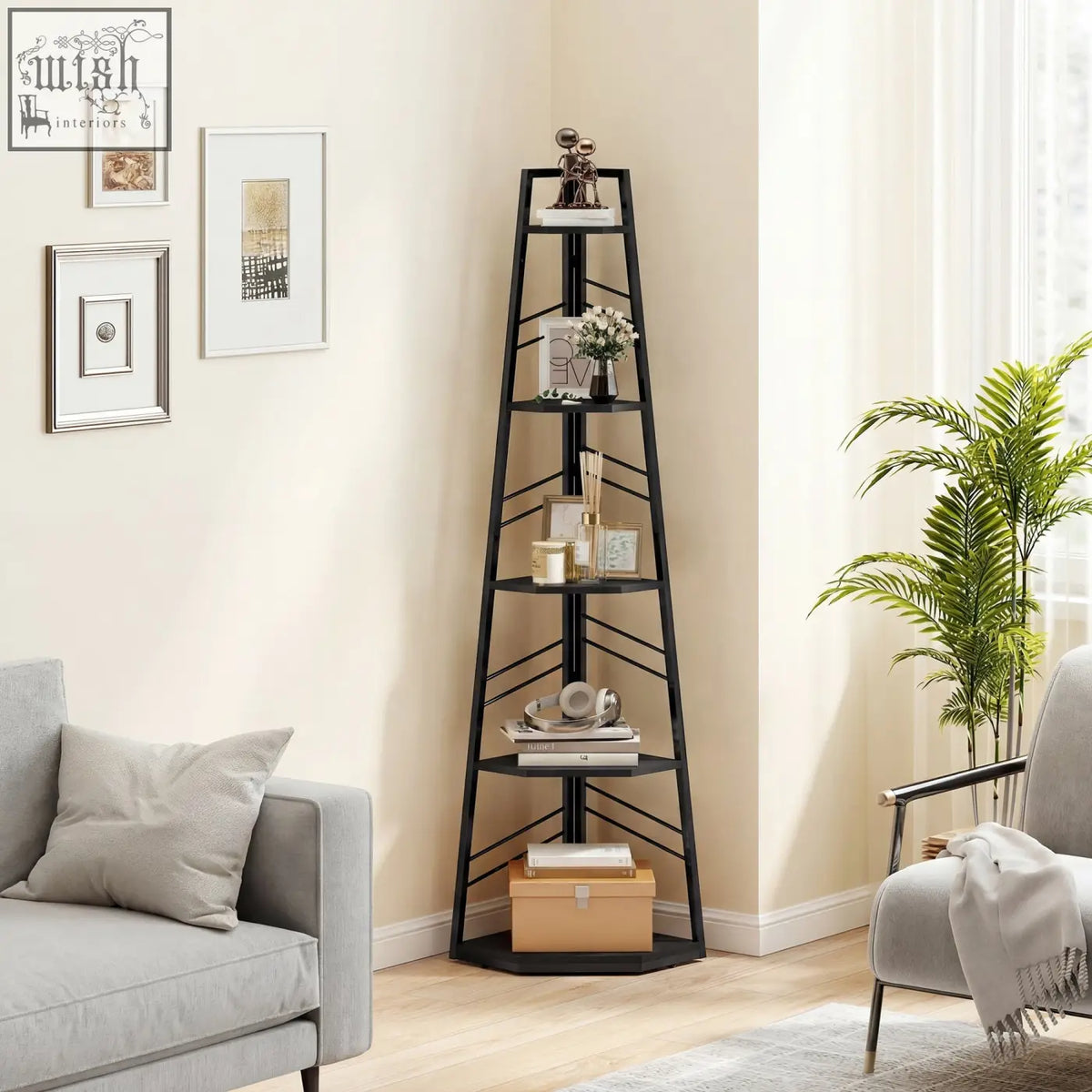 Black metal five tiers corner bookcase with angled shelves and decorative items for living room and study use