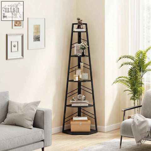 Black metal five tiers corner bookcase with angled shelves and decorative items for living room and study use