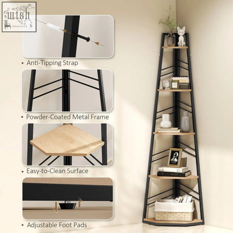 Homcom corner bookcase with a modern geometric design black and natural wood finish 5-tier bookshelf for living room