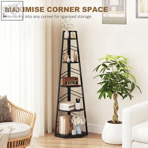 Black metal five tiers corner bookcase with angled shelves and diagonal supports for living room or study use
