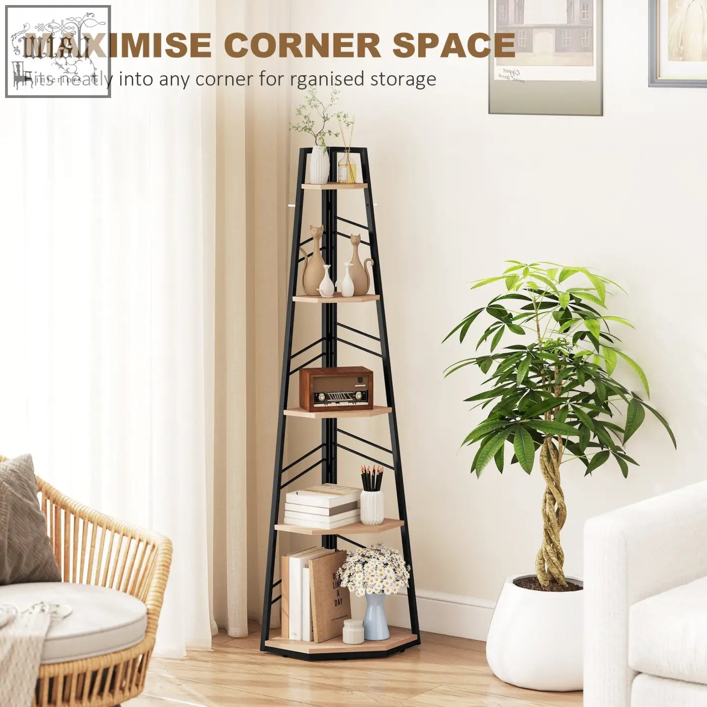 Homcom corner bookcase with black metal frame and natural wood finish angled shelves for living room storage