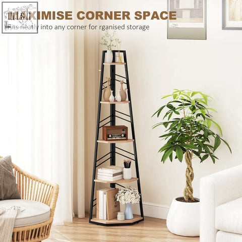 Homcom corner bookcase with black metal frame and natural wood finish angled shelves for living room storage