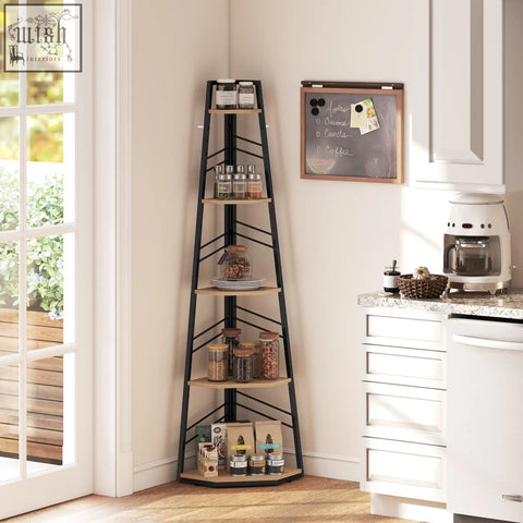 Homcom corner bookcase with five tiers and natural wood finish in black and wood for living room or study