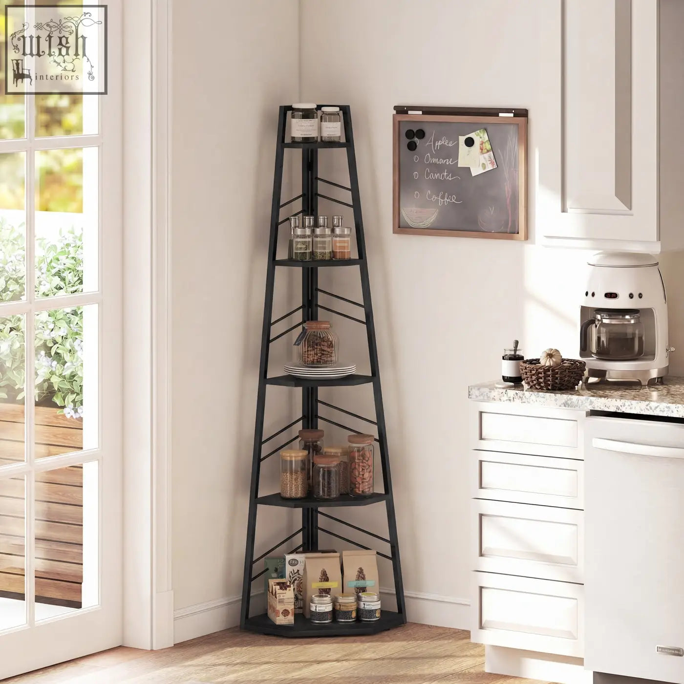 Black metal corner bookcase with five tiers holding jars and containers perfect for living room or study storage