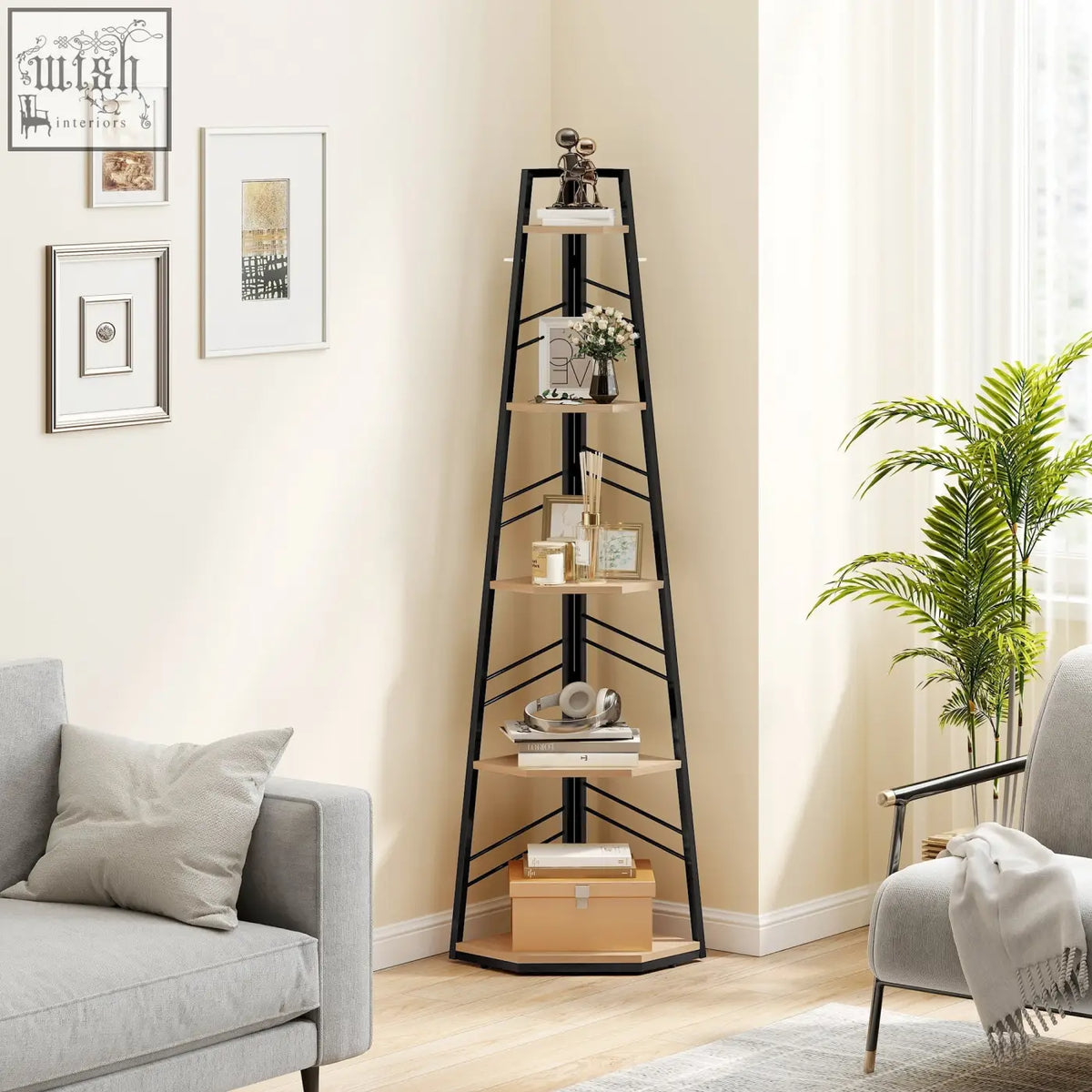Homcom corner bookcase with 5 angled shelves metal frame and natural wood finish perfect for living room or study