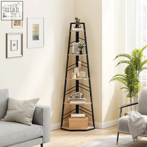 Homcom corner bookcase with 5 angled shelves metal frame and natural wood finish perfect for living room or study