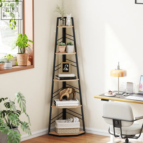 Homcom corner bookcase 5-tier floor standing bookshelf with black metal frame and natural wood finish shelves