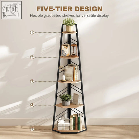 Homcom corner bookcase with black metal frame and natural wood finish five-tier shelves perfect for versatile display