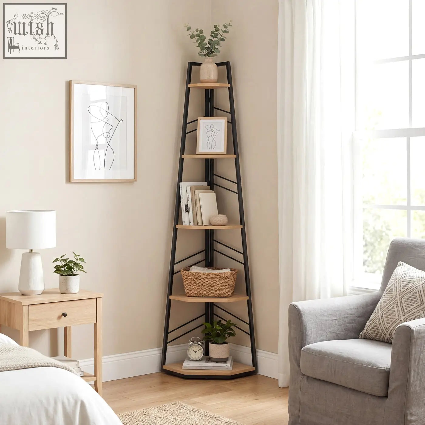 HOMCOM corner bookcase with black metal frame and natural wood finish shelves holding books plants and decor