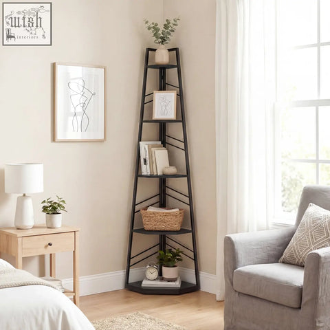 Black metal corner bookcase with five tiers minimalist design perfect for living room study or bedroom storage
