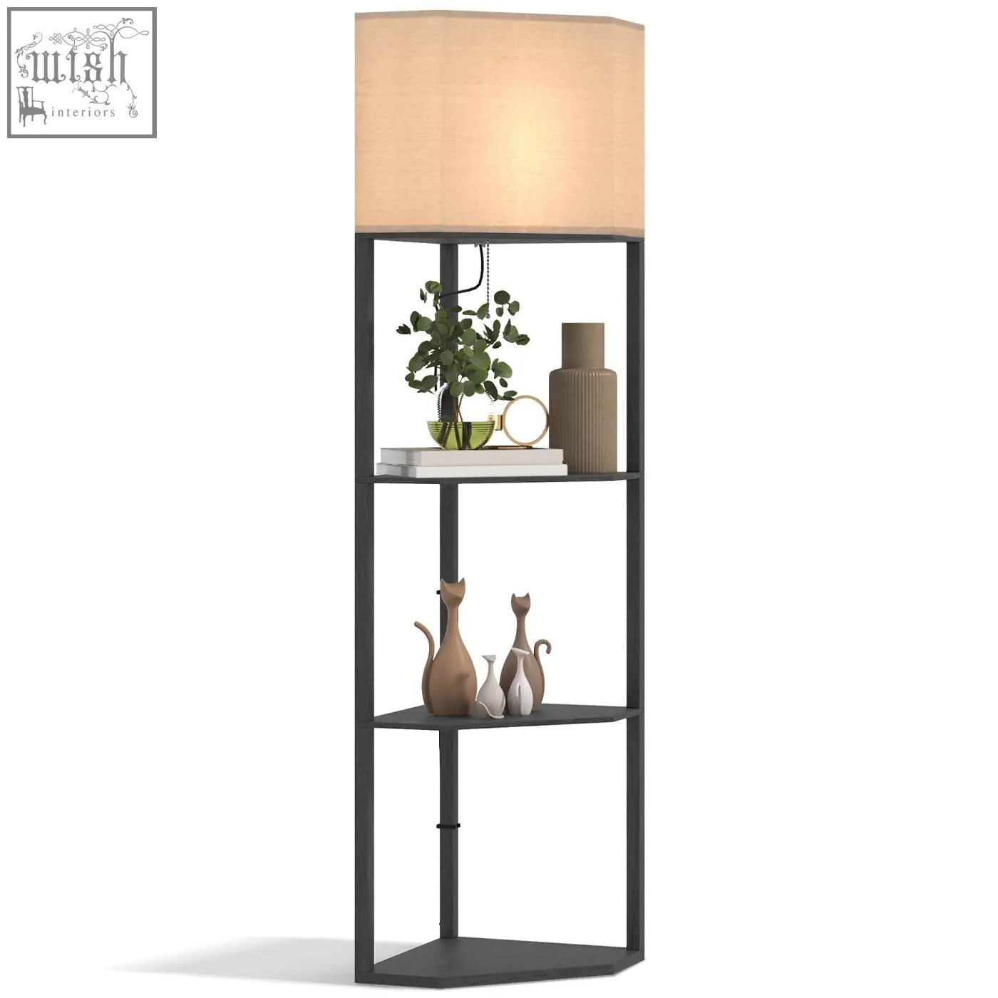 Black metal floor lamp with beige fabric shade and three shelves perfect for living room or bedroom use