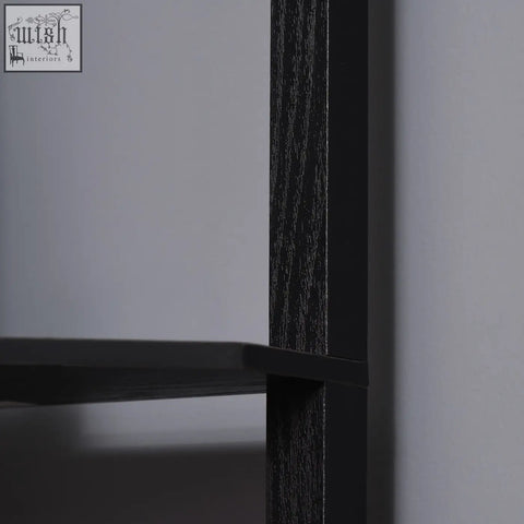 Black wooden HOMCOM corner floor lamp with three shelves and subtle grain texture for living room use