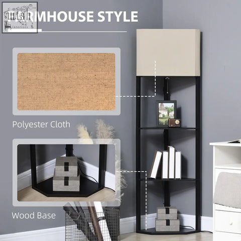 Black farmhouse style corner floor lamp with three shelves and beige fabric lampshade for living room use