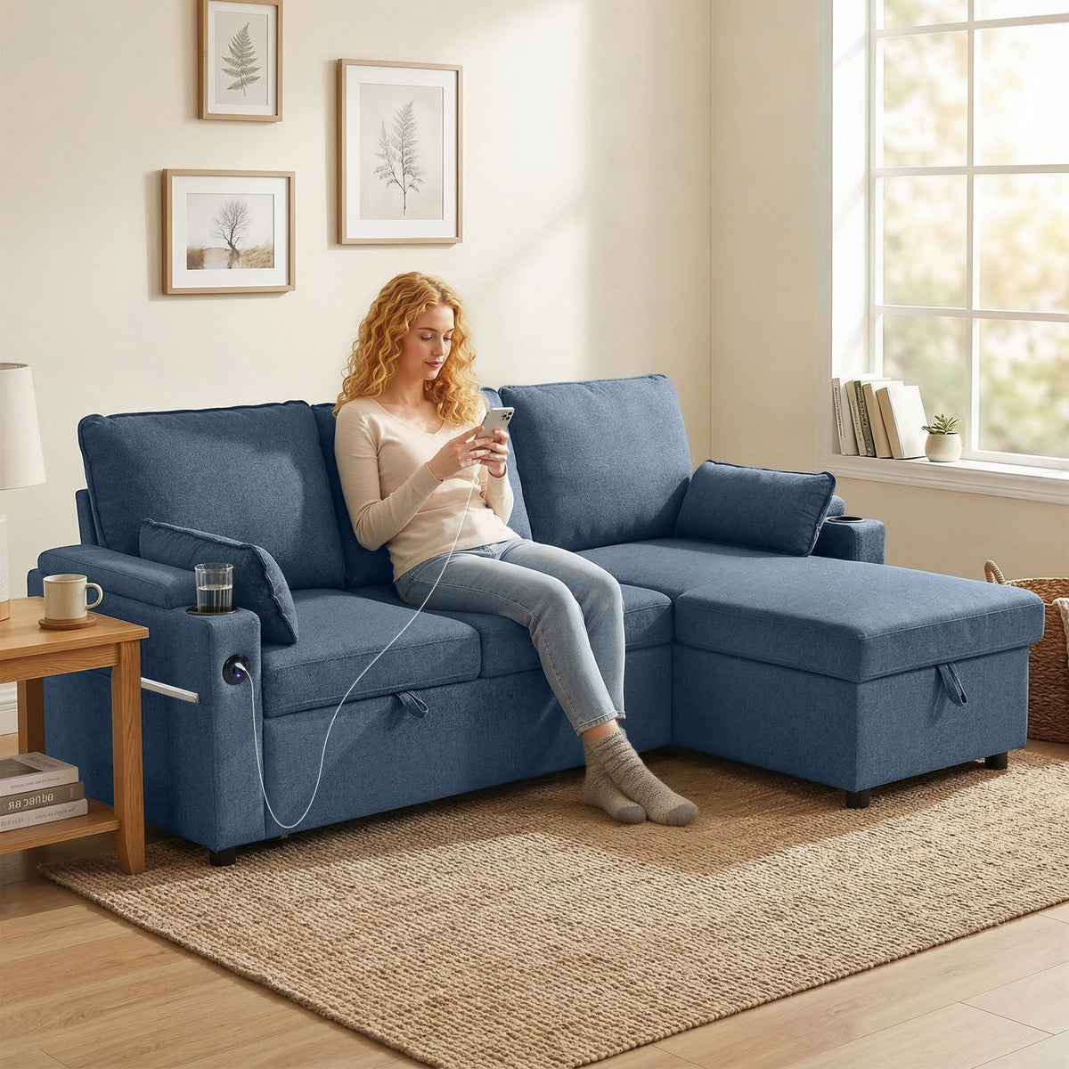 Blue homcom corner sofa bed with built-in storage cup holders and reversible chaise for versatile seating and sleeping