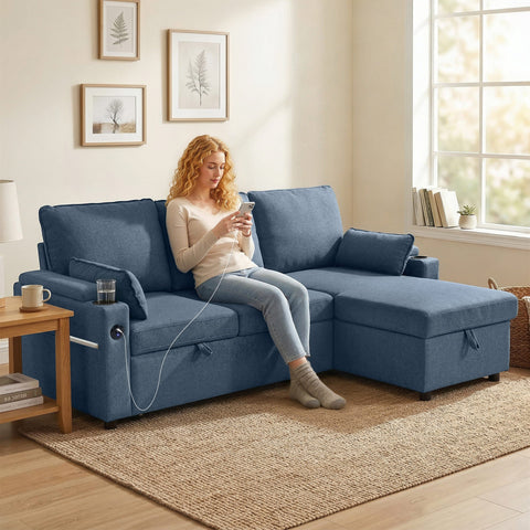 Blue homcom corner sofa bed with built-in storage cup holders and reversible chaise for versatile seating and sleeping