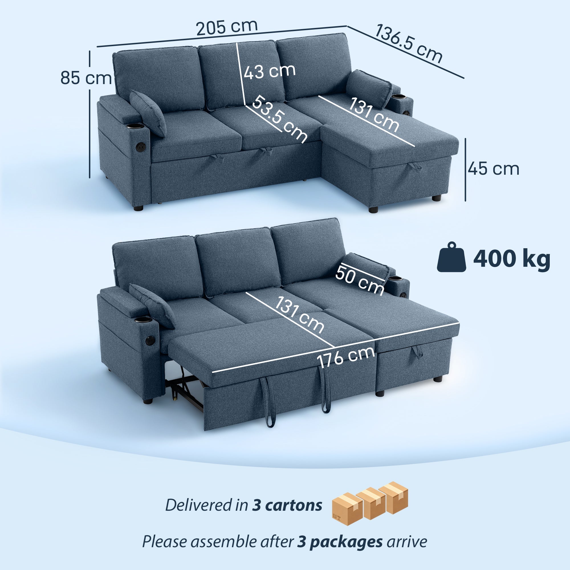 HOMCOM blue fabric corner sofa bed with reversible storage chaise and convertible sleeper sectional features