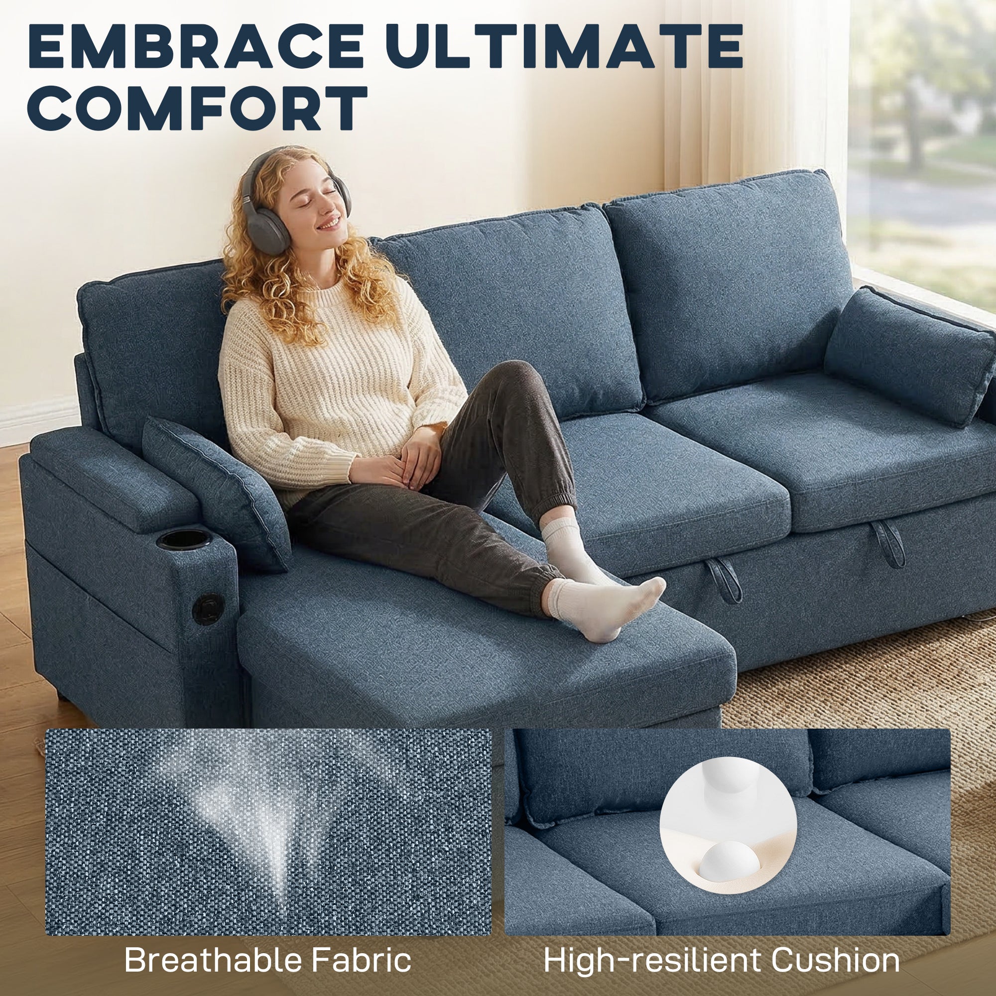 Blue upholstered corner sofa bed with built-in cupholders and reversible chaise storage for comfy lounging