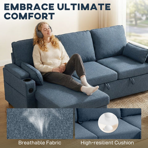 Blue upholstered corner sofa bed with built-in cupholders and reversible chaise storage for comfy lounging