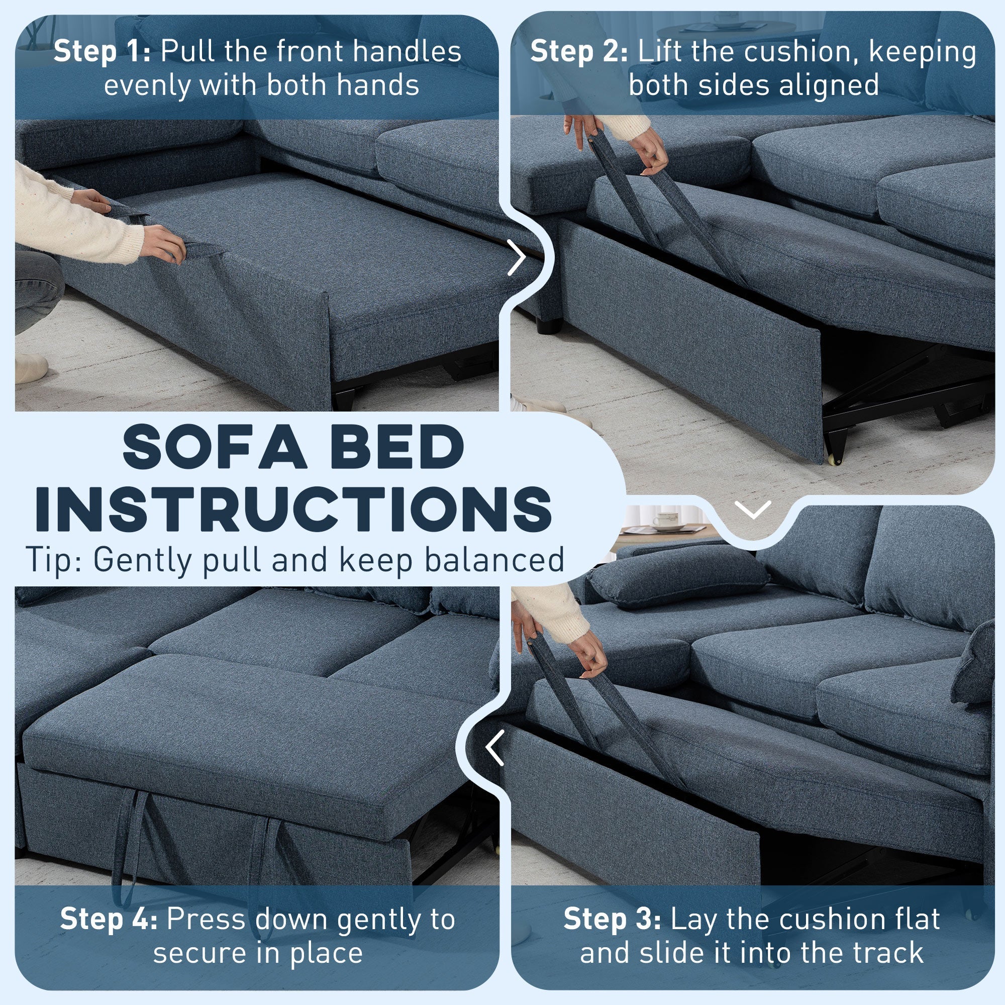 Blue homcom corner sofa bed with textured fabric finish and reversible storage chaise for flexible seating