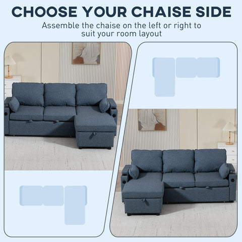 Blue fabric corner sofa bed with storage drawers and reversible chaise for versatile living space comfort