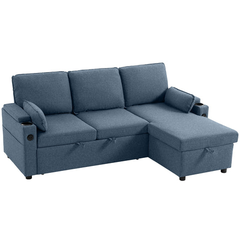 Blue homcom corner sofa bed with built-in storage cup holders and reversible chaise for versatile seating and sleeping