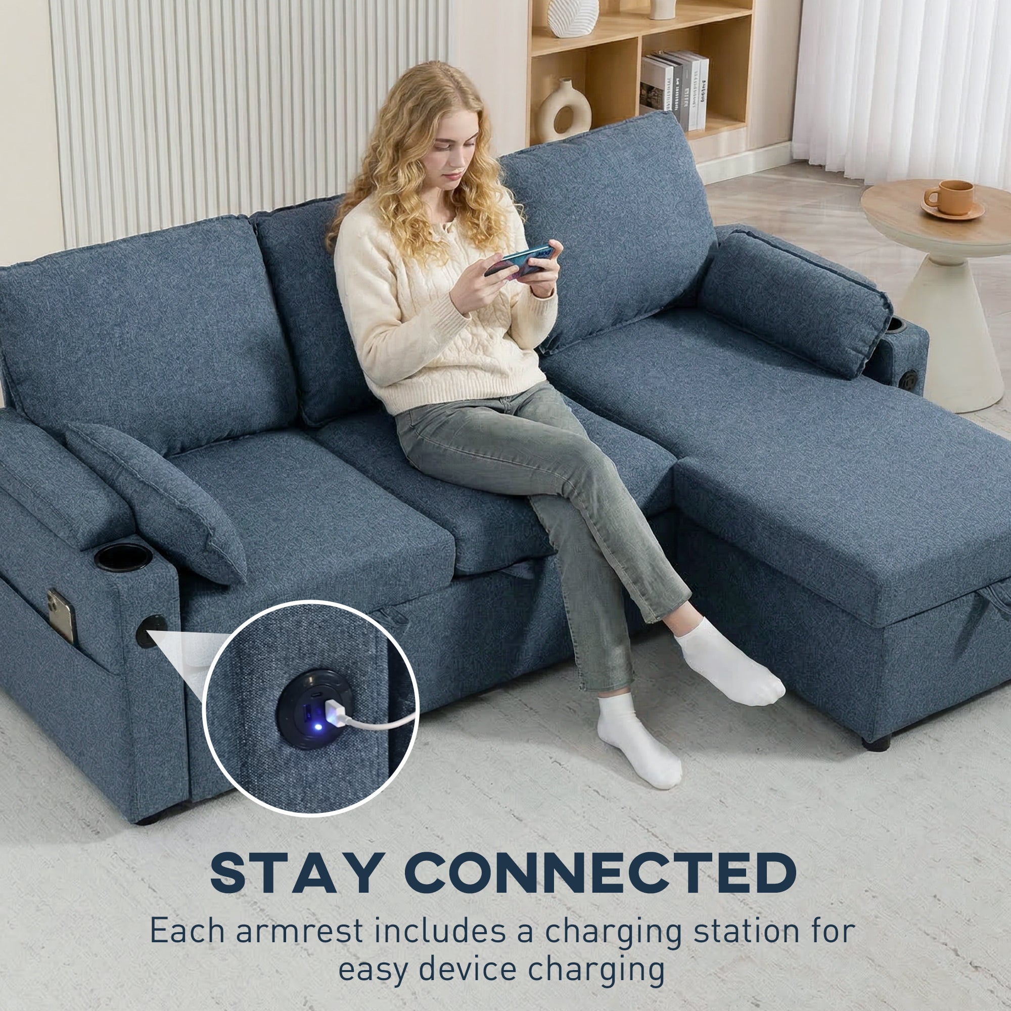 Blue textured fabric homcom corner sofa bed with built-in charging stations in each armrest and reversible storage chaise