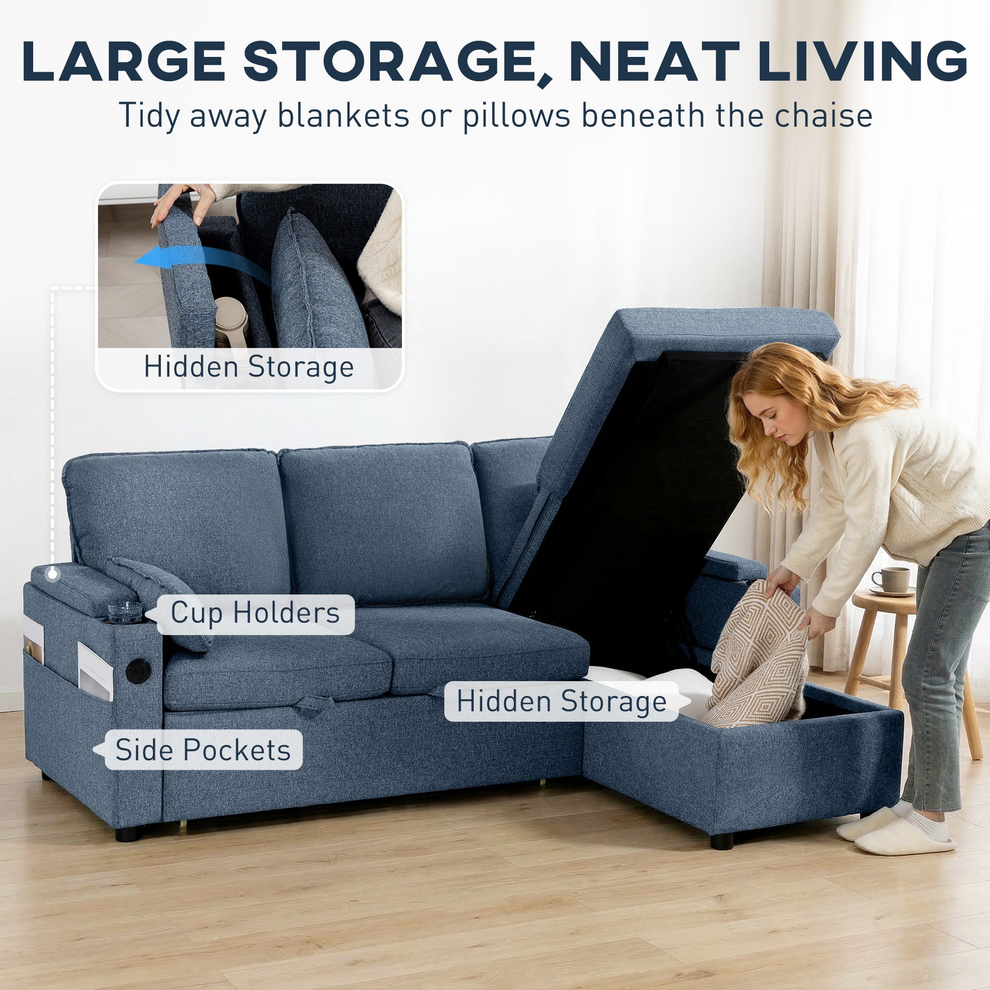 Blue homcom corner sofa bed with hidden storage compartments and cup holders perfect for small spaces