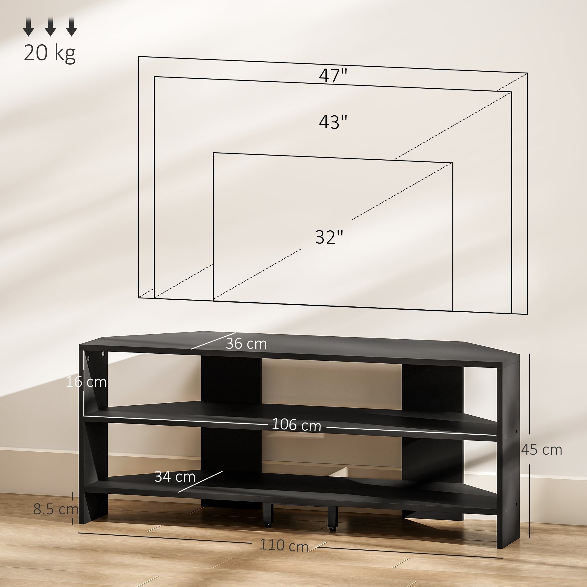 Black matte-finish wooden homcom corner tv stand with two open shelves and angled front edges for 47 inch tv
