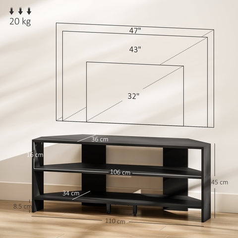 Black matte-finish wooden homcom corner tv stand with two open shelves and angled front edges for 47 inch tv