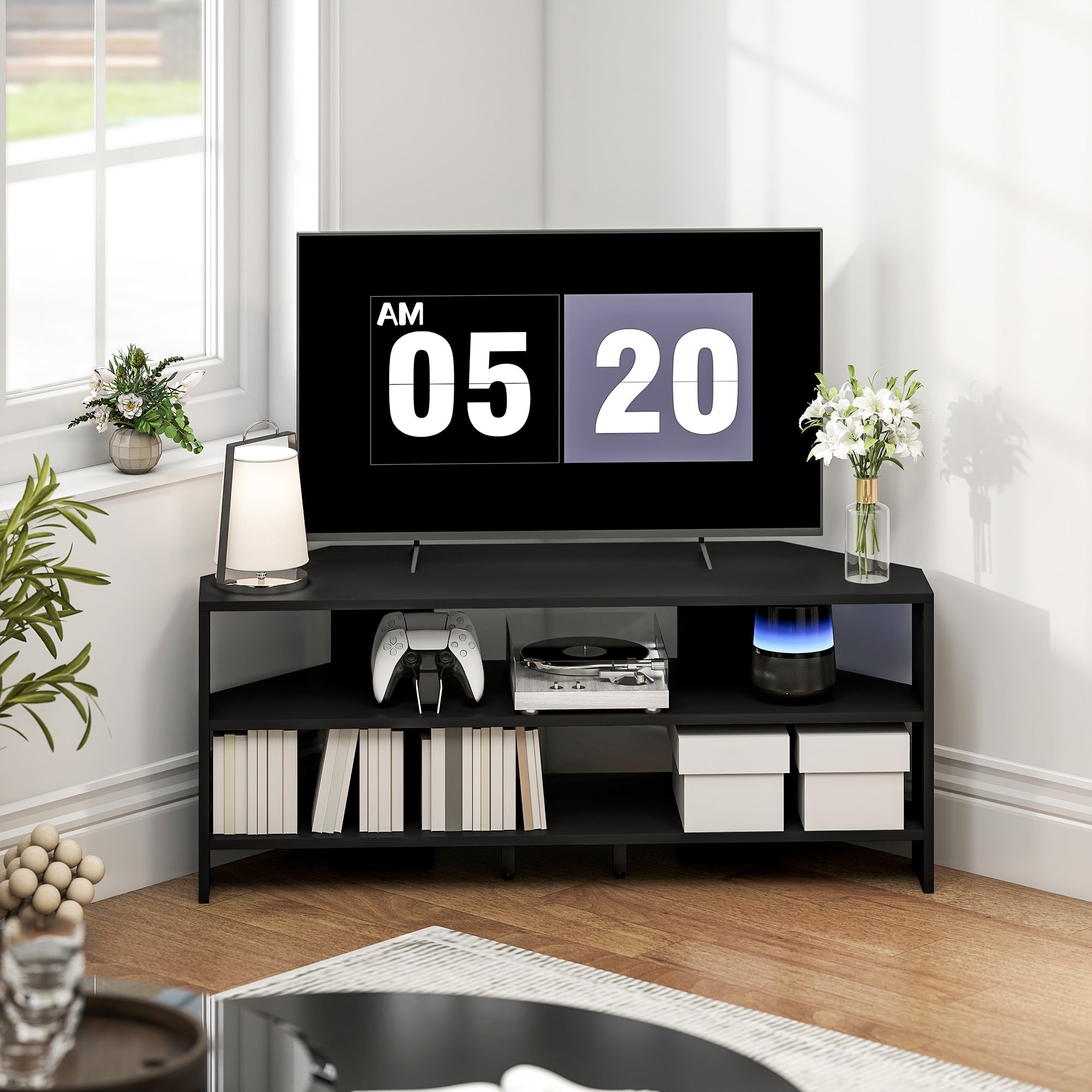 Black homcom corner tv stand with two open shelves and storage compartments for 47 inch tv corner design
