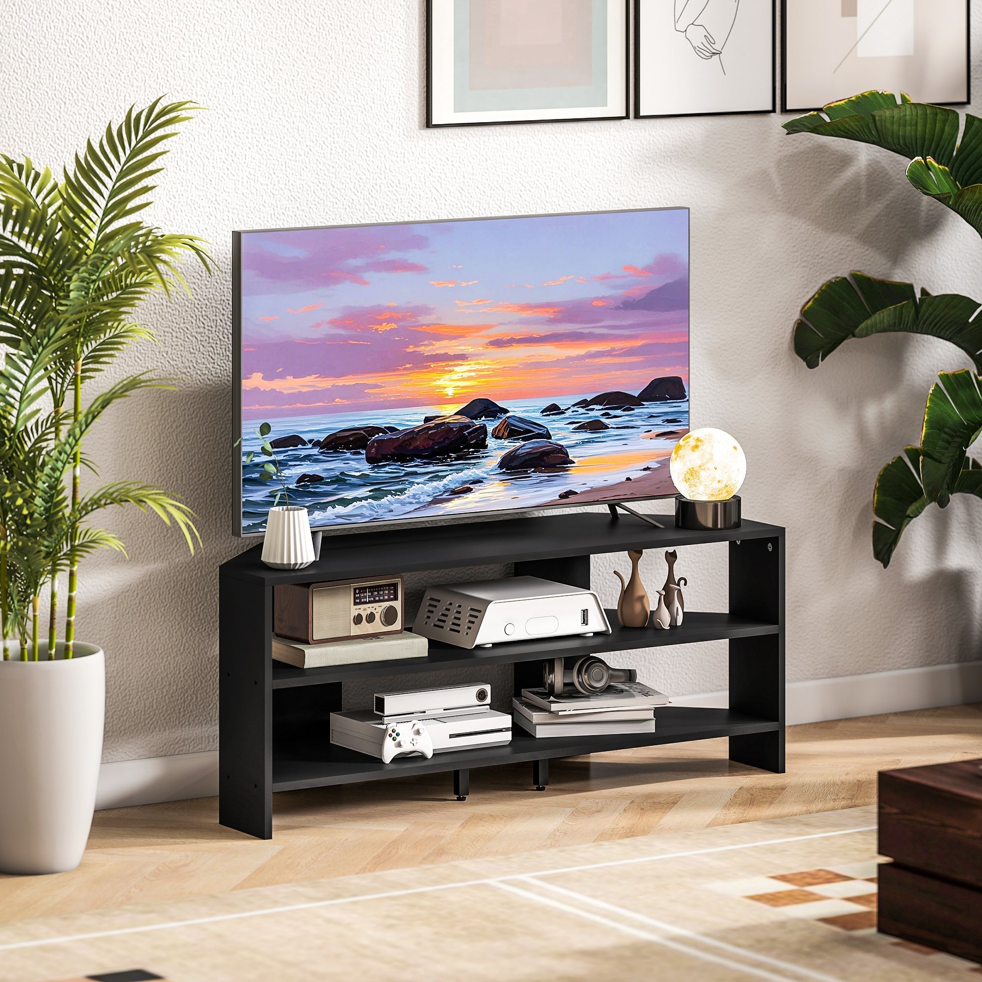 Black homcom corner tv stand with two open shelves and sleek minimalist design for 47 inch tv