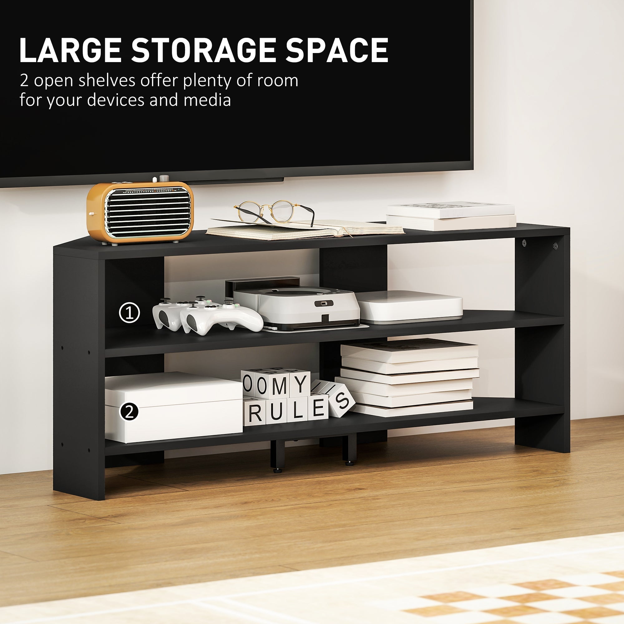 Black homcom corner tv stand with two open shelves and minimalist design for 47 inch tv