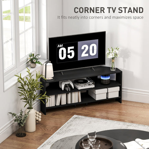 Black HOMCOM corner TV stand with sleek minimalist design featuring two open shelves for 47 inch TV
