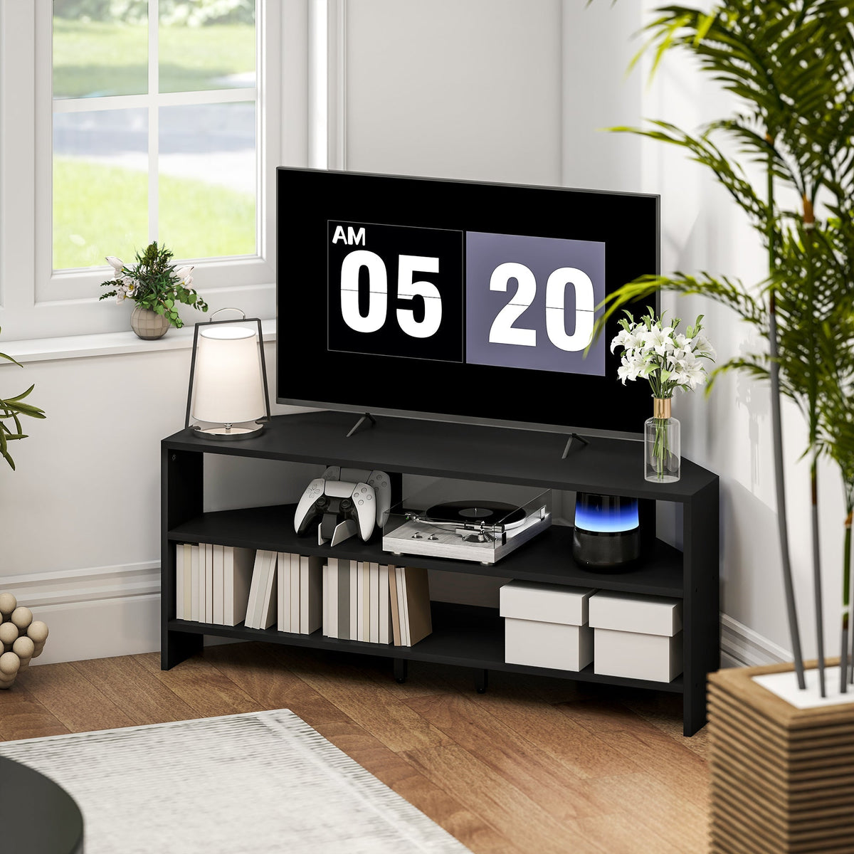Black HOMCOM corner TV stand with two open shelves and storage boxes for 47 inch TV in modern design