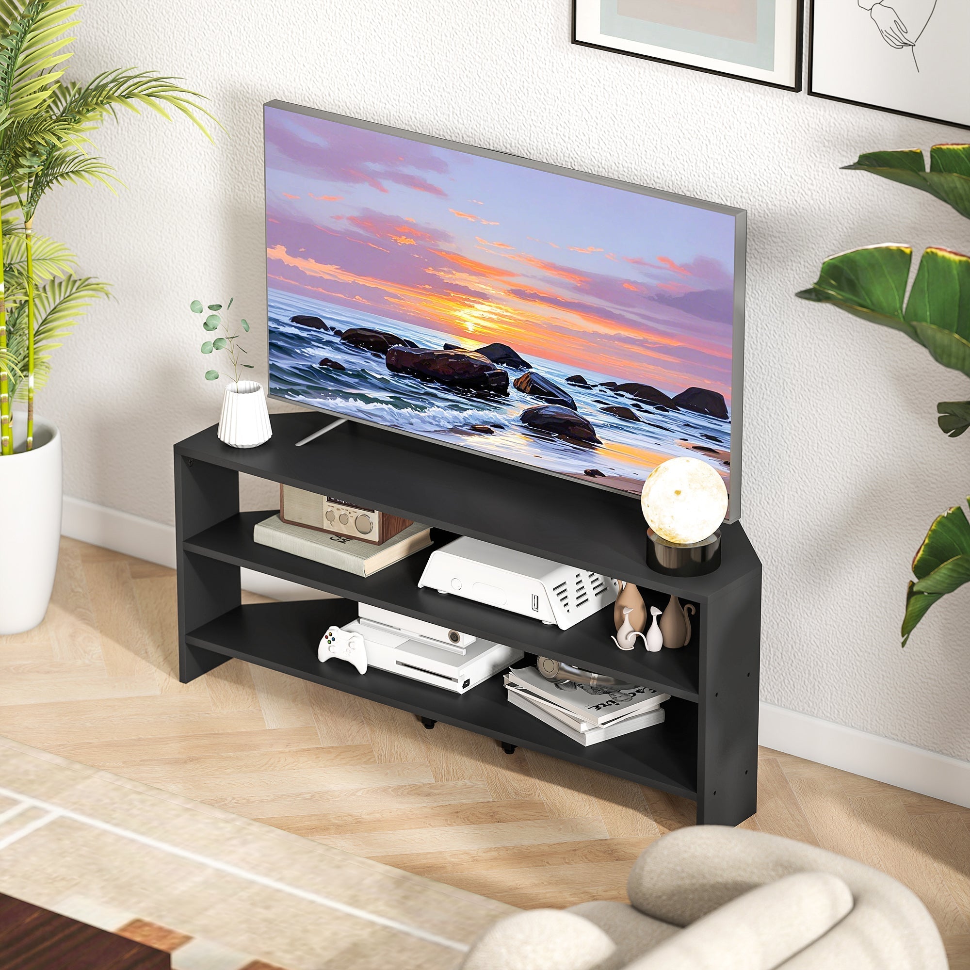 Black homcom corner tv stand with two open shelves and matte finish holds electronic devices and decor items