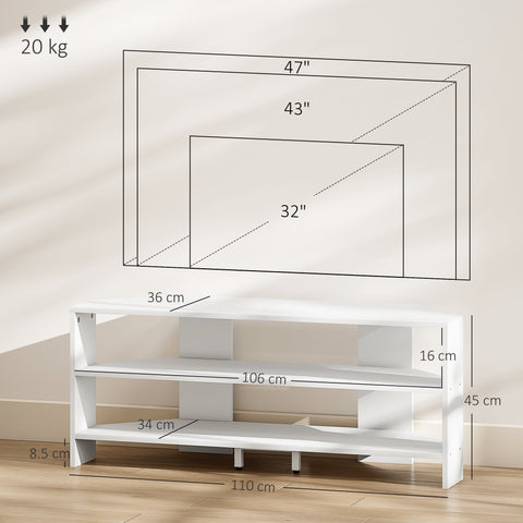 White modern corner tv stand with two open shelves and sleek minimalist design for 47 inch tv by HOMCOM