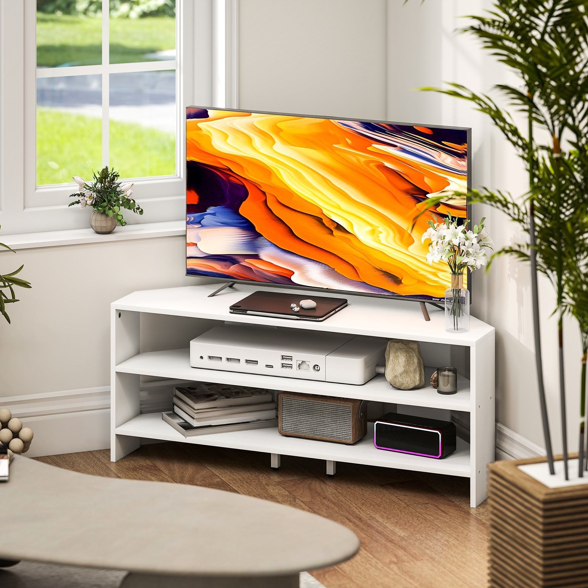 White corner tv stand by HOMCOM with two open shelves and sleek minimalist corner design for 47 inch tv