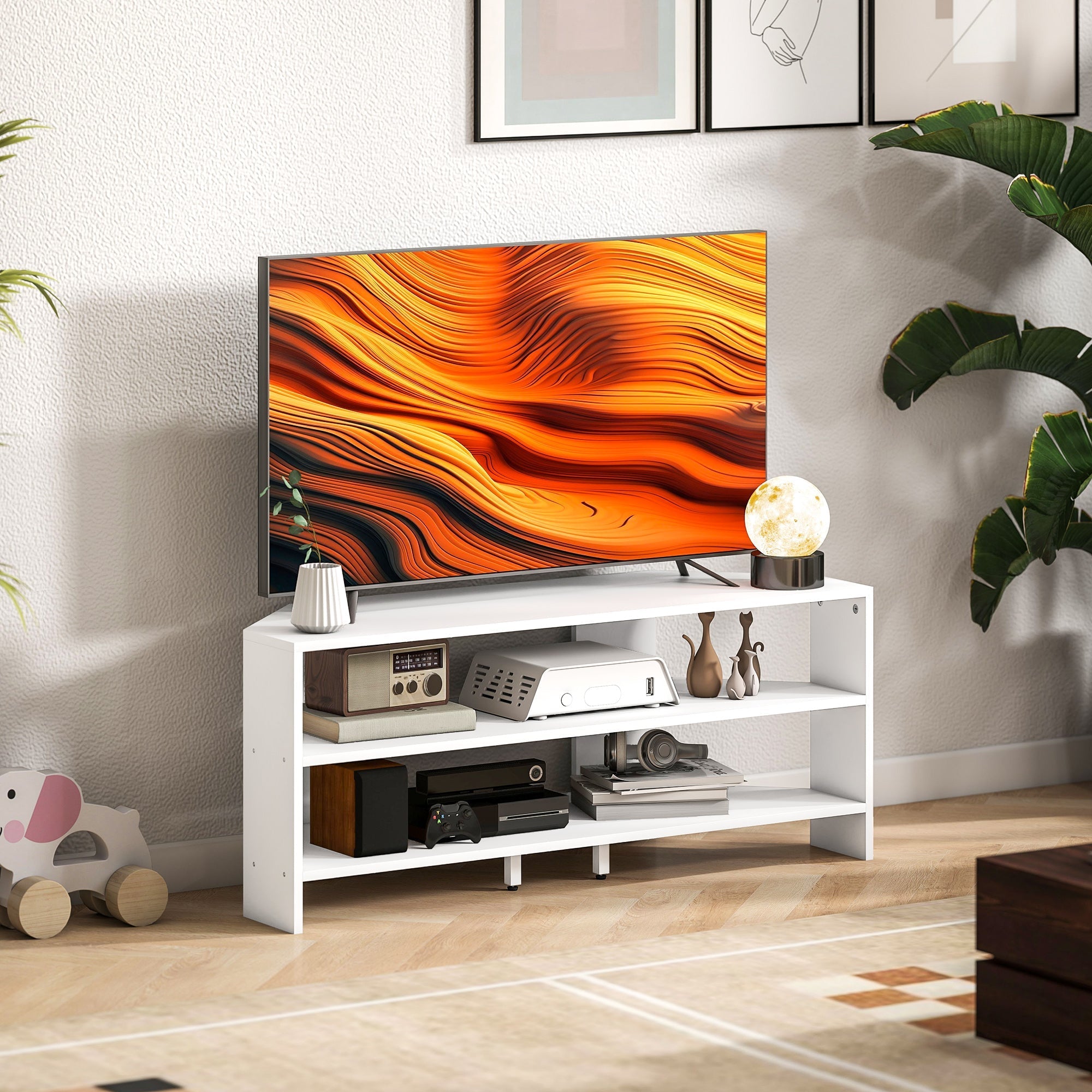 White minimalist homcom corner tv stand with two open shelves for 47 inch tv and sleek modern design