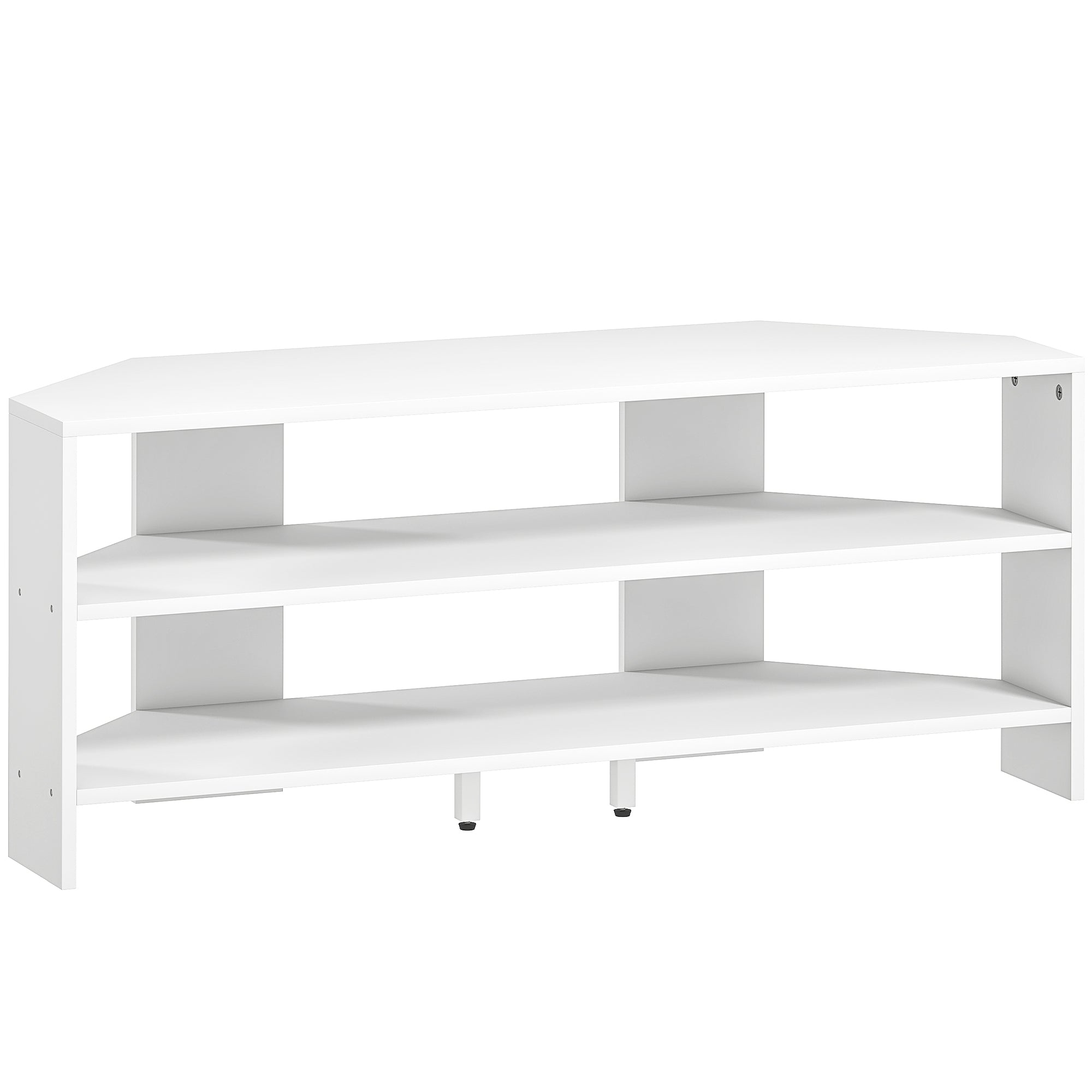 White minimalist homcom corner tv stand with two open shelves for 47 inch tv and sleek modern design