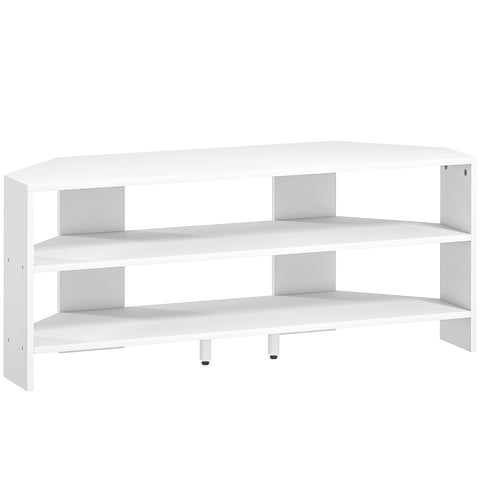 White minimalist homcom corner tv stand with two open shelves for 47 inch tv and sleek modern design