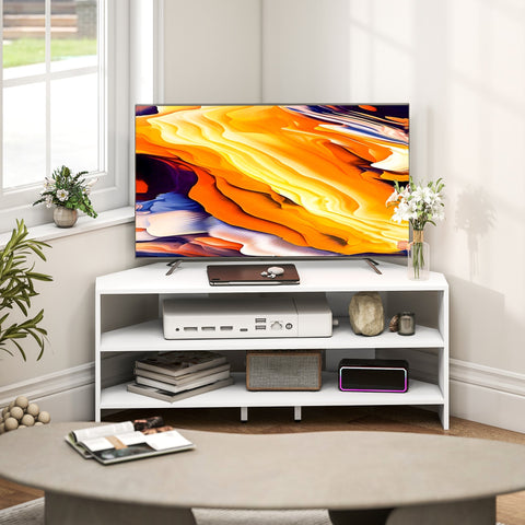 White corner tv stand with minimalist design and two open shelves for 47 inch tv by homcom