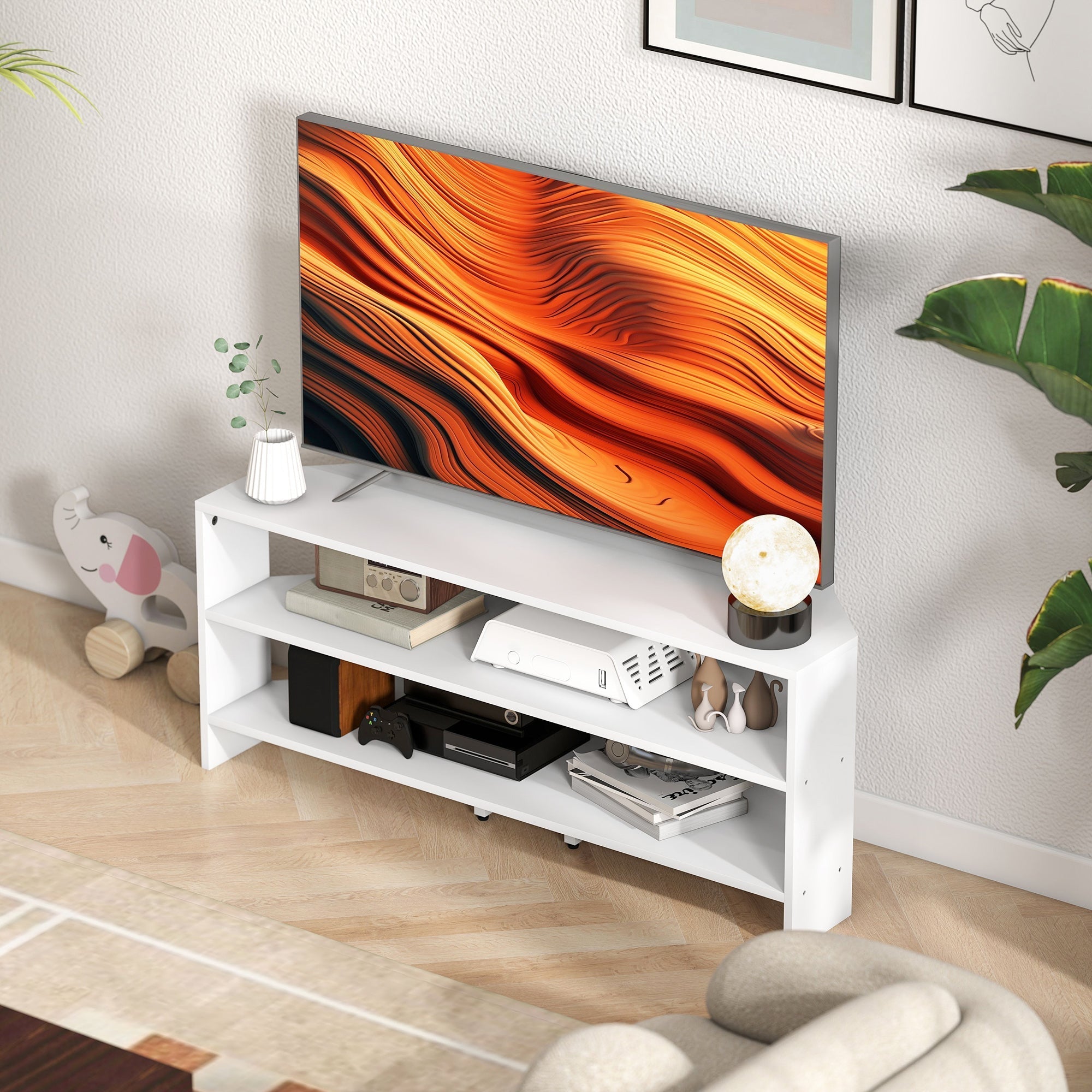 White modern HOMCOM corner tv stand with two open shelves and caster wheels for 47 inch tv use