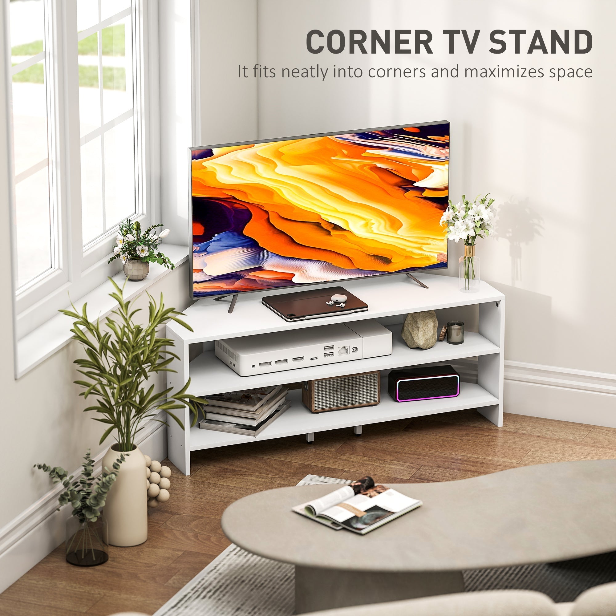 White homcom corner tv stand with two open shelves and sleek modern design fits up to 47 inch tv
