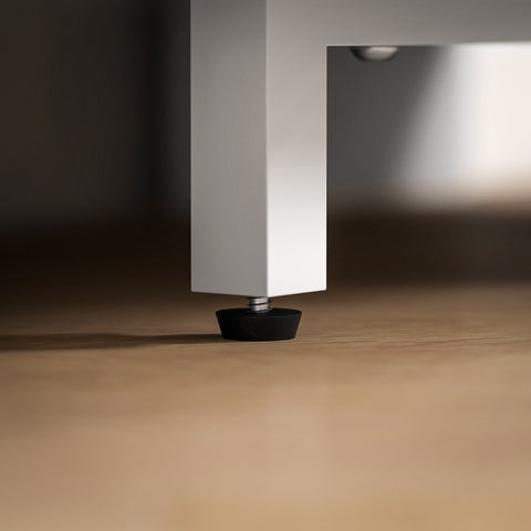 Black rubber foot on white leg of homcom corner tv stand with two open shelves for 47 inch tv