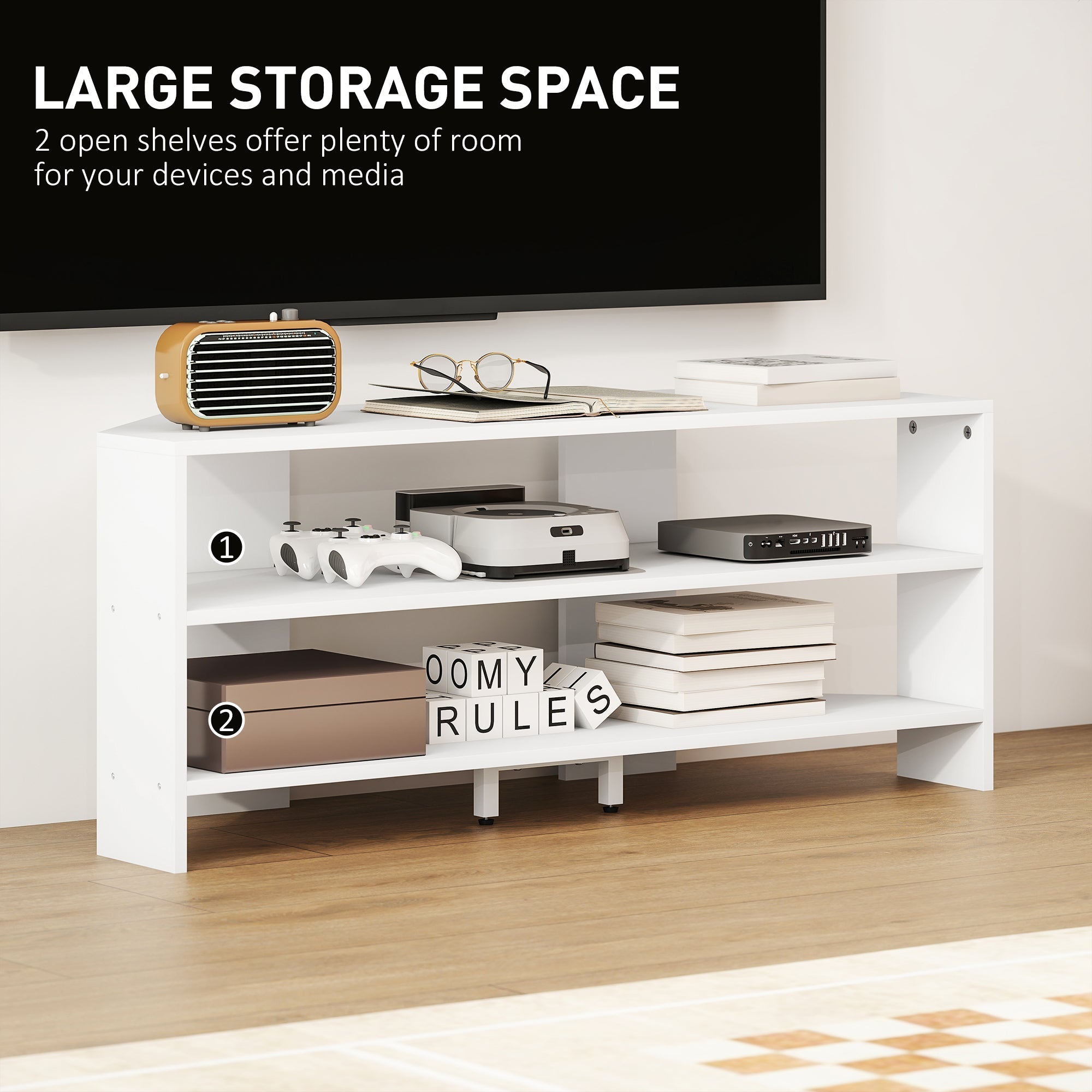 White modern homcom corner tv stand with two open shelves and sleek legs for 47 inch tv