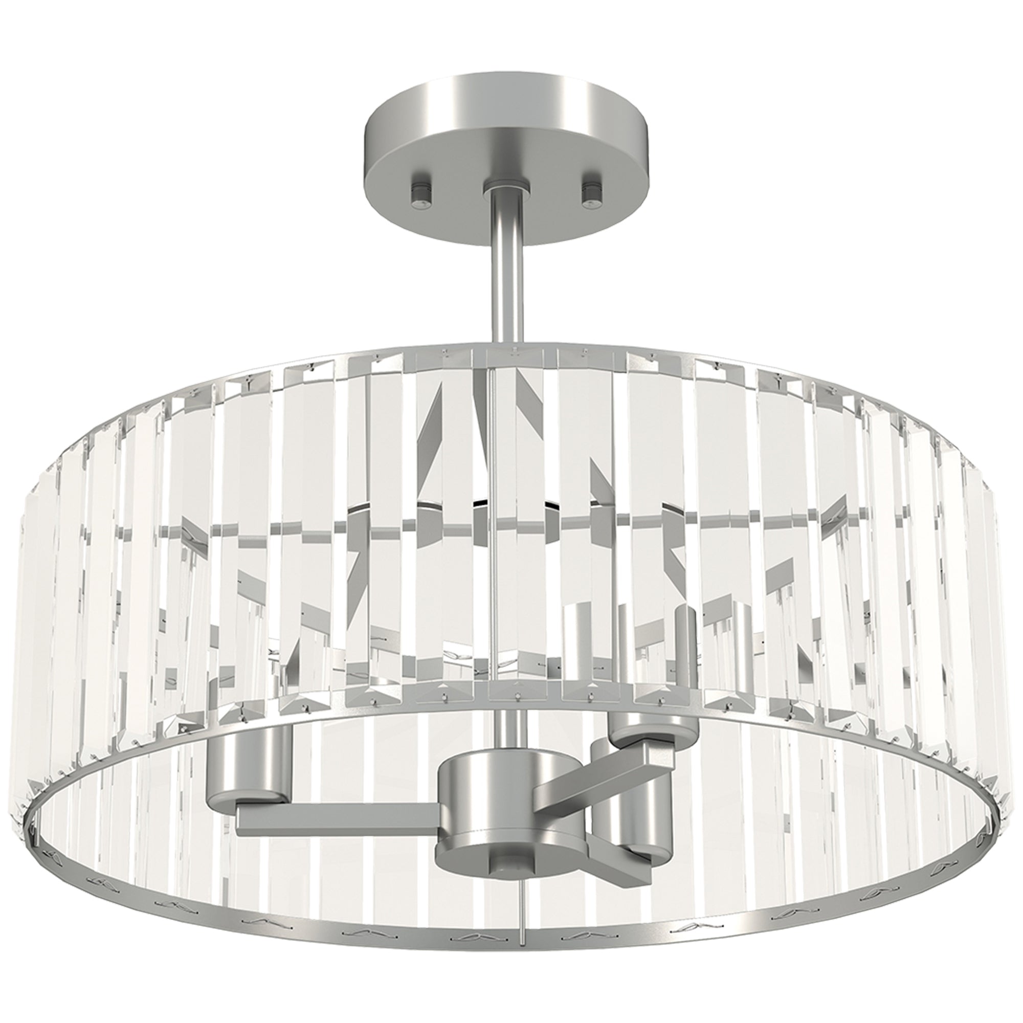 Silver finished chandelier ceiling light with clear crystal prisms in a circular pattern for living room or bedroom