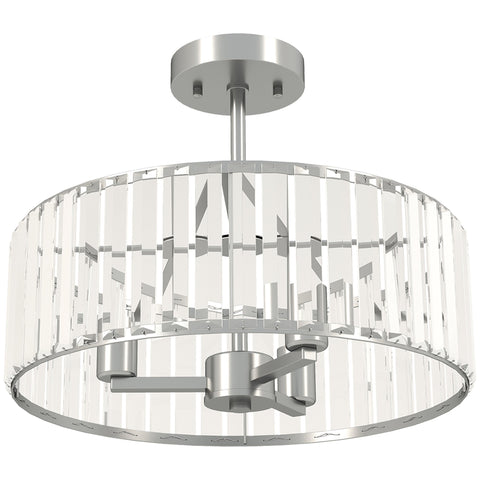 Silver finished chandelier ceiling light with clear crystal prisms in a circular pattern for living room or bedroom