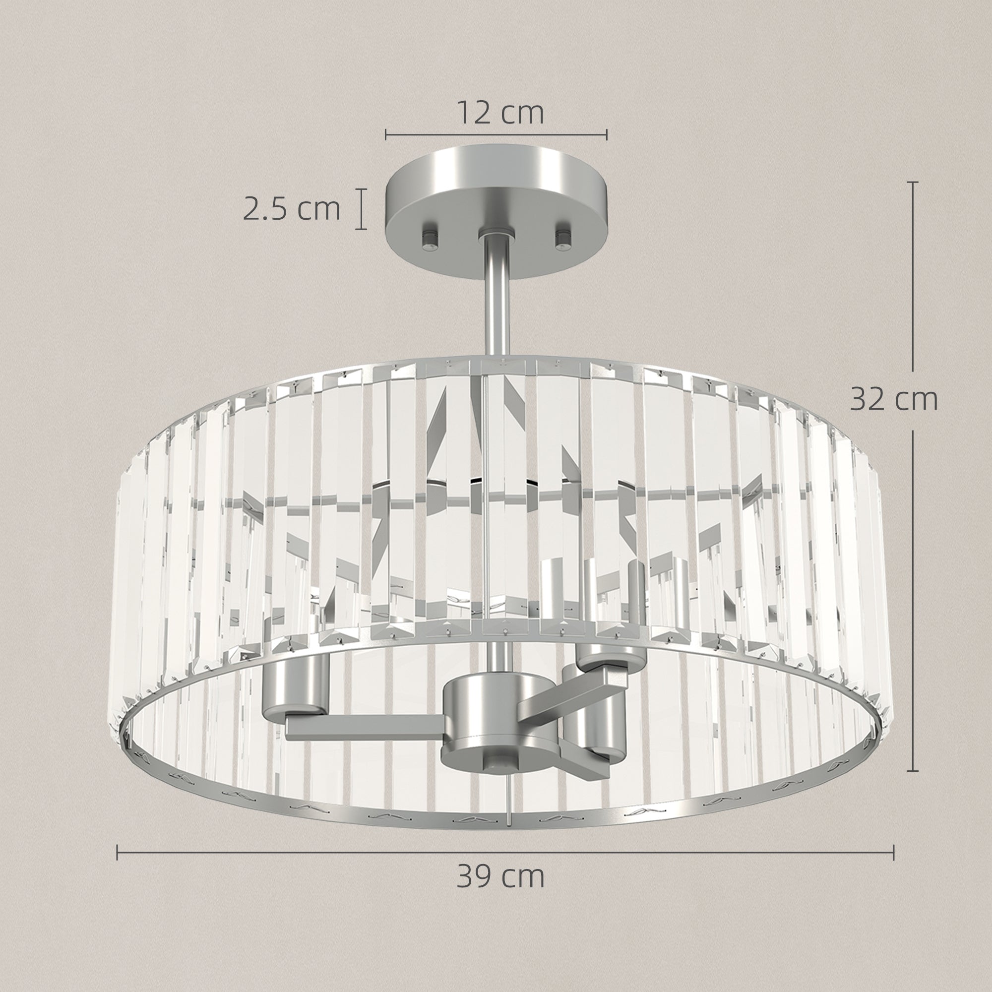 Modern silver tone crystal ceiling light fixture with clear vertical rods and metallic frame for living room and bedroom