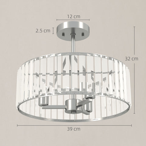 Modern silver tone crystal ceiling light fixture with clear vertical rods and metallic frame for living room and bedroom